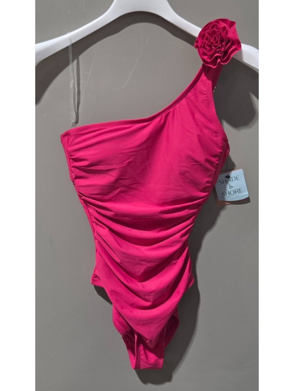 Shade & Shore Pink Rosette One Shoulder & Tummy Control 1 Pc Swimsuit -- Large